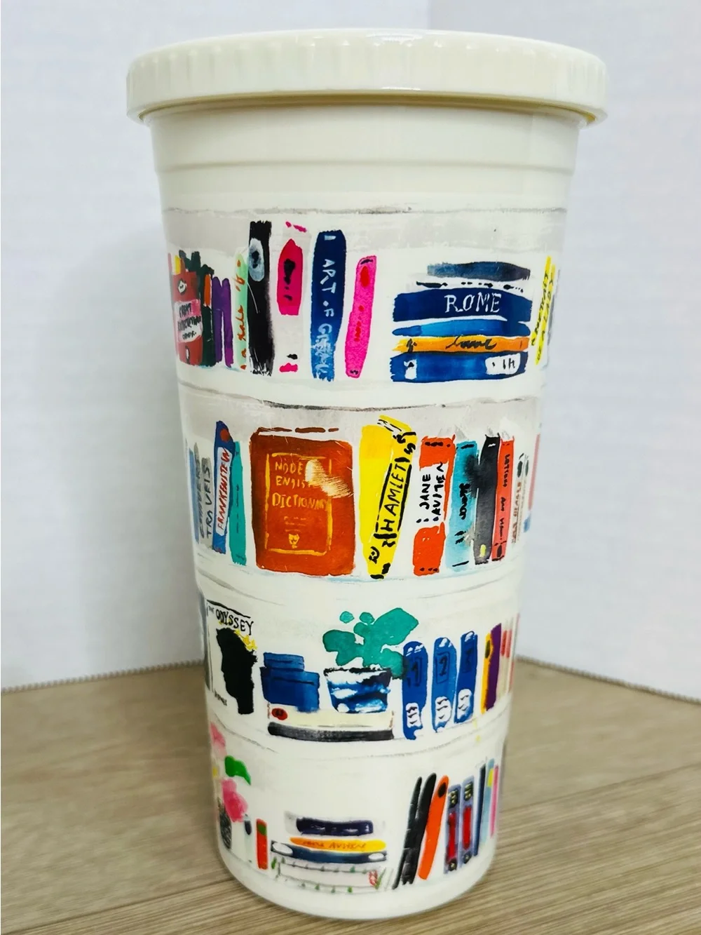 kate spade White Travel Tumbler with Colorful Illustrated Bookshelf